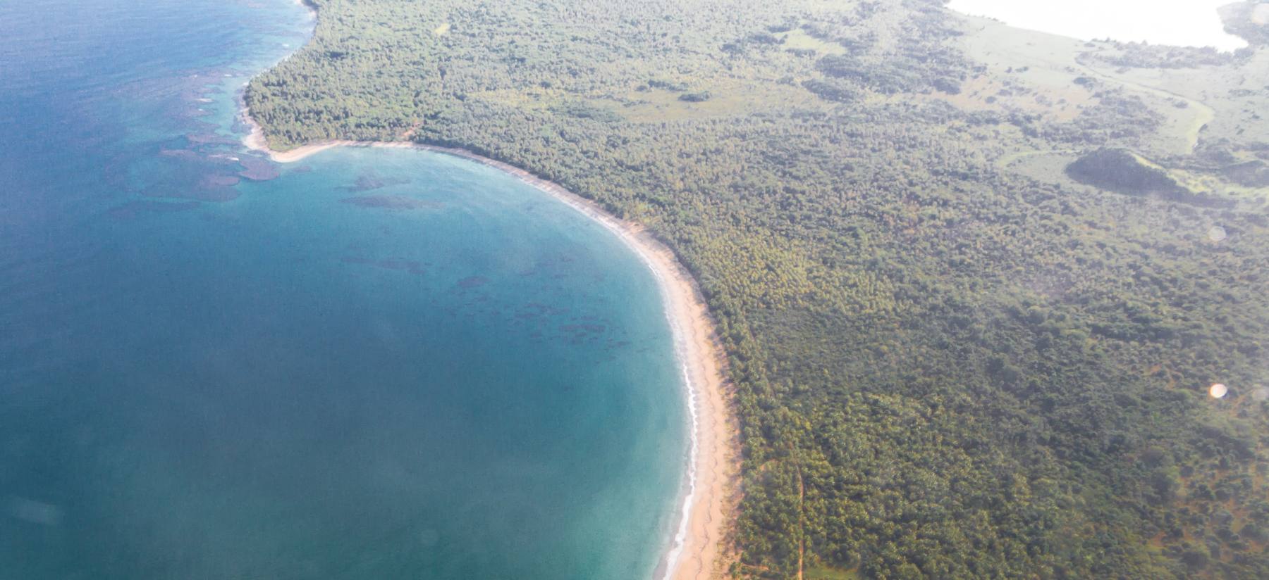 Vista aérea de la costa de Miches: una playa larga y curva de arena clara, con monte cerrado hasta el borde y ni un solo edificio. Tomada desde una avioneta.
